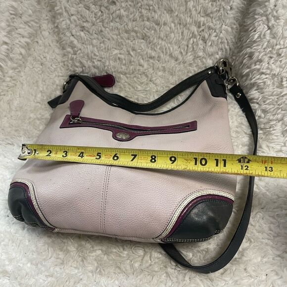 Coach Pebbled Leather Beige shoulder/Hobo Bag navy blue & burgundy straps & trim - Picture 8 of 15